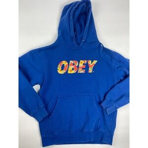 obey blue hoodie floral spellout mens size small sweatshirt hooded